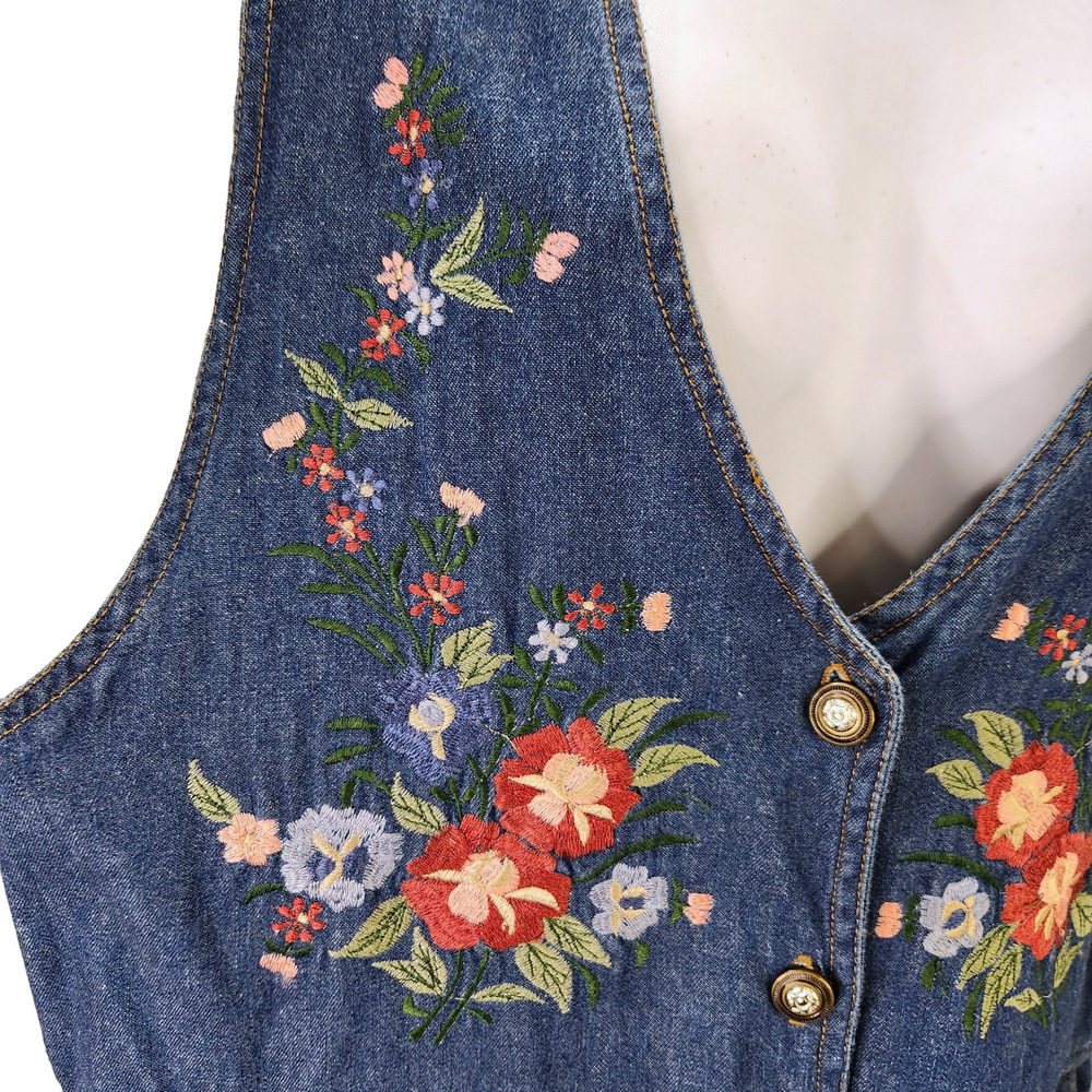 Jane Ashley Blue Denim Maxi Dress with Red & Yellow Floral Embroidery - Picture 3 of 10